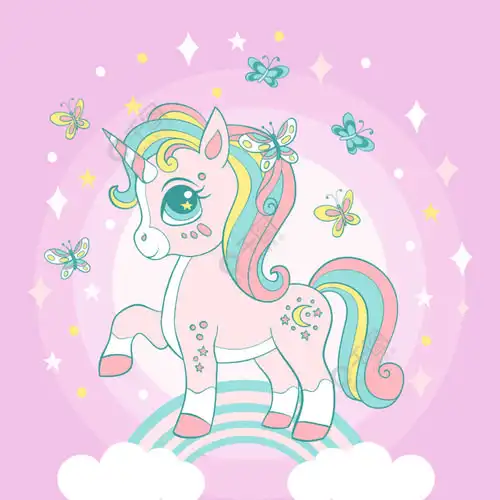 可爱的卡通独角兽彩虹上有蝴蝶矢量垂直llustration上紫色孤立生日