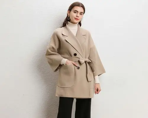 外套女双面毛呢针织大衣厚宽松短款翻领气质通勤女装2019冬新款