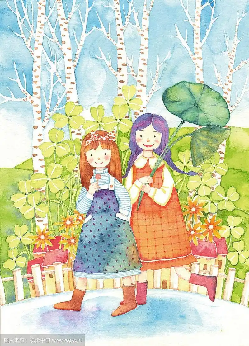 唯美青春水彩画系列-两个女孩散步