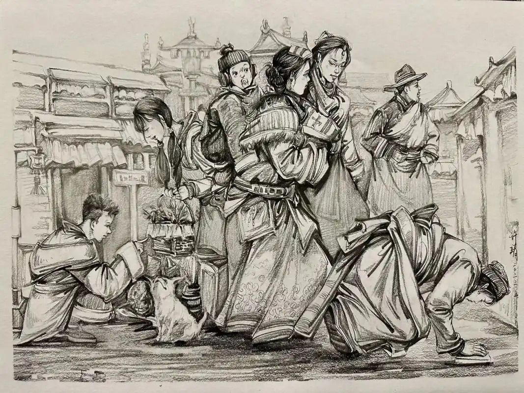 藏族人物速写场景 《朝拜路上的人》人物素材组合在一起讲一个故事.