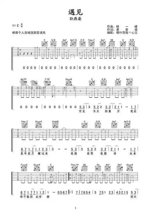 孙燕姿《遇见》吉他谱 c调最好的版本第1张