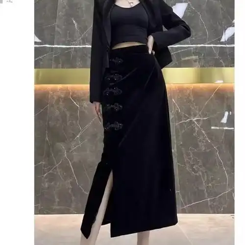 重工中式国风加绒金丝绒半身裙女秋冬新款开叉大码中长款一步裙子