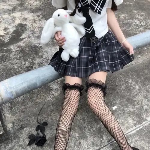 jk黑丝袜过膝渔网袜蕾丝网格性感镂空网纱长筒袜学生搭配制服袜子