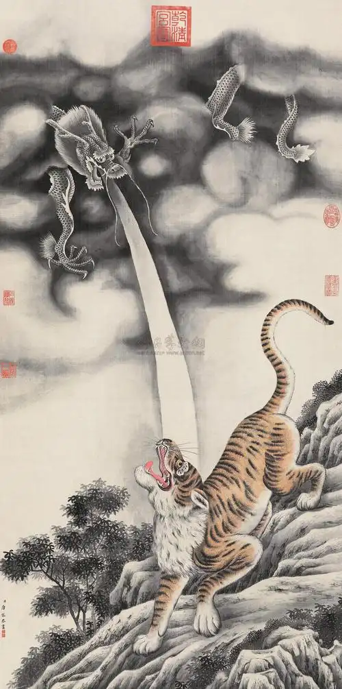 1167龙虎斗图立轴设色绢本