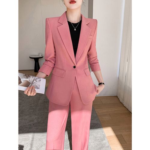 粉色西装套装女高级感气质时尚职业正装小个子直筒裤春秋休闲西服