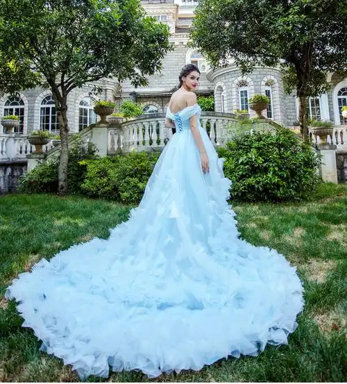 清爽仙美 水蓝色纱片 仙气十足 豪华大拖尾公主新娘婚纱礼服362