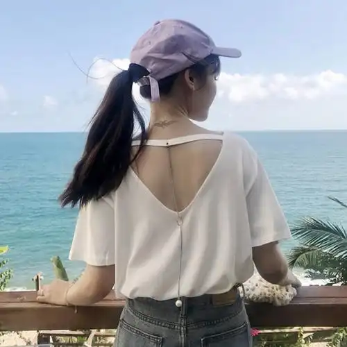 夏2018新款韩版简约字母印花后背镂空露背上衣宽松短袖t恤女学生