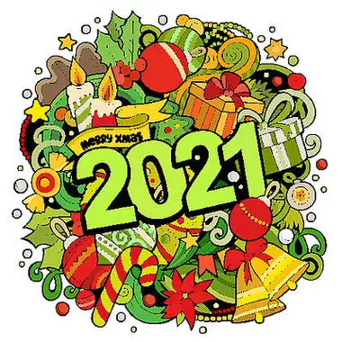 2021 年手绘涂鸦插图.新年对象和元素海报