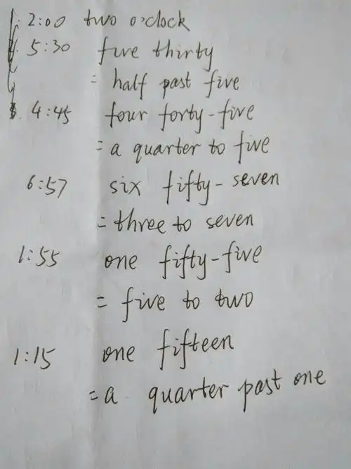 2:00,5:30,4:45,6:57,1:55,1:15用英语怎么写?