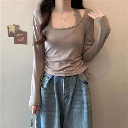 实拍#新款设计感挂脖圆领修身显瘦上衣女收紧绳打底衫