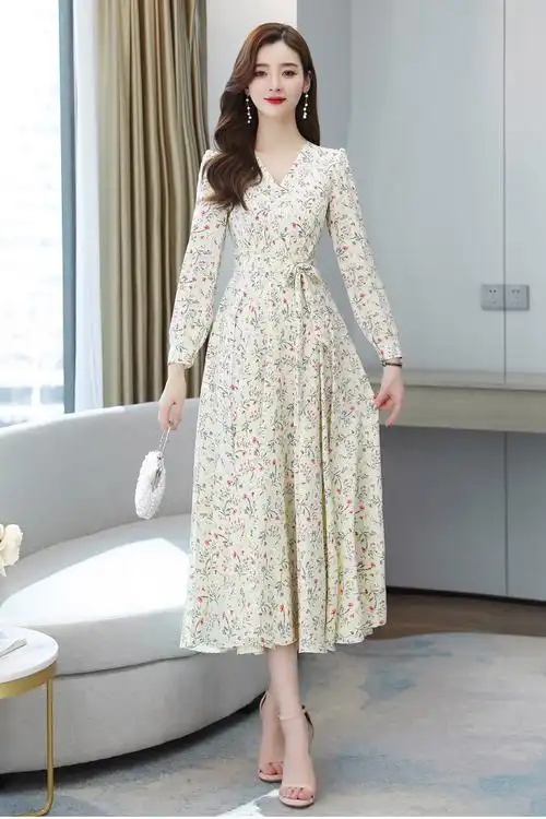 春夏新款长款v领修身显瘦长袖女印花雪纺大摆淑女连衣裙