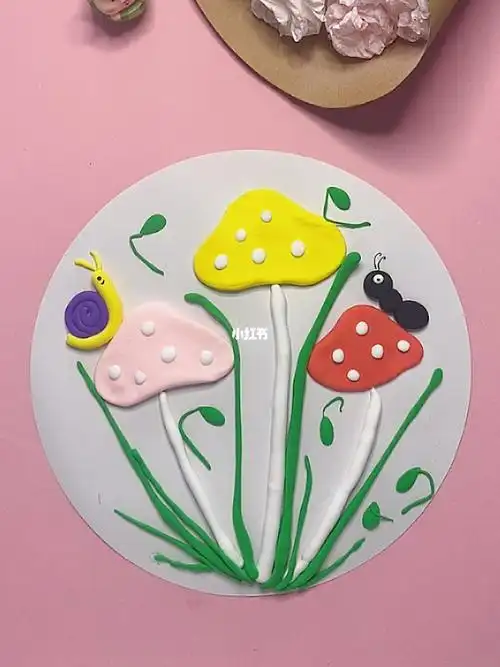 儿童粘土创意画彩色的蘑菇适合36岁小朋