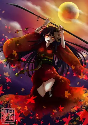 一位身穿红色和服的女生,手拿鬼面具,黑色长发,背景也属红色.谁有