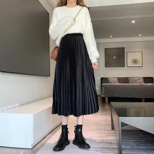 2022秋冬长款高腰百褶裙女装搭配垂坠感丝绒a字小个子半身裙灰色均码