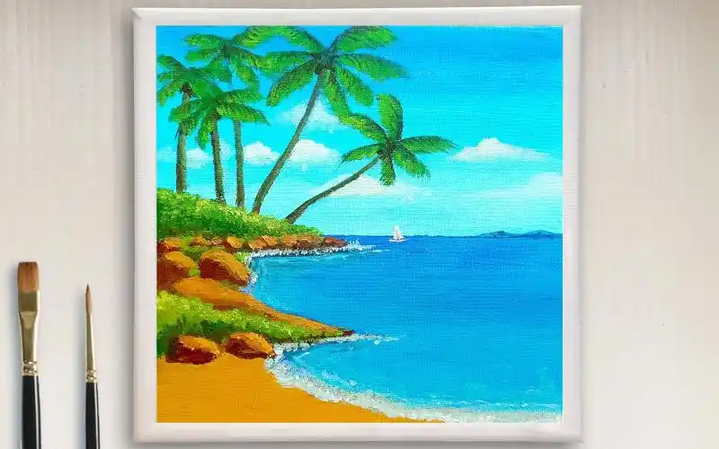 丙烯风景画-海边椰树丙烯风景,大海和椰子树丙烯画技法手绘分享,零