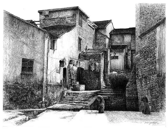 江南水乡钢笔风景速写:砖墙,灰墙及瓦屋的表现