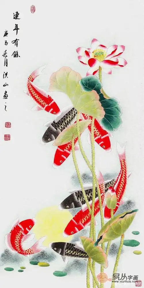 国家一级美术师张洪山牡丹九鱼图《富贵有余》 此外