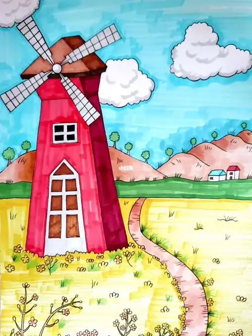 风车草地儿童画