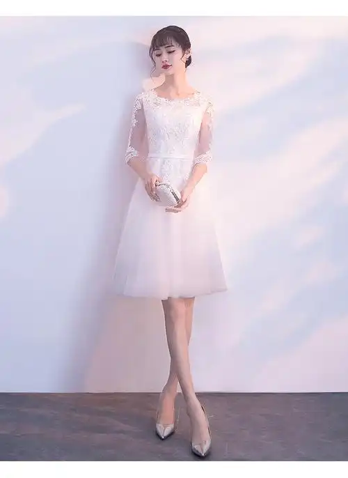 白色小个子礼服女新款夏季宴会生日派对学生白裙子短款伴娘服白色短款