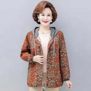 妈妈装春秋薄款连帽棉麻长袖外套中老年女装休闲大码短款花色上衣