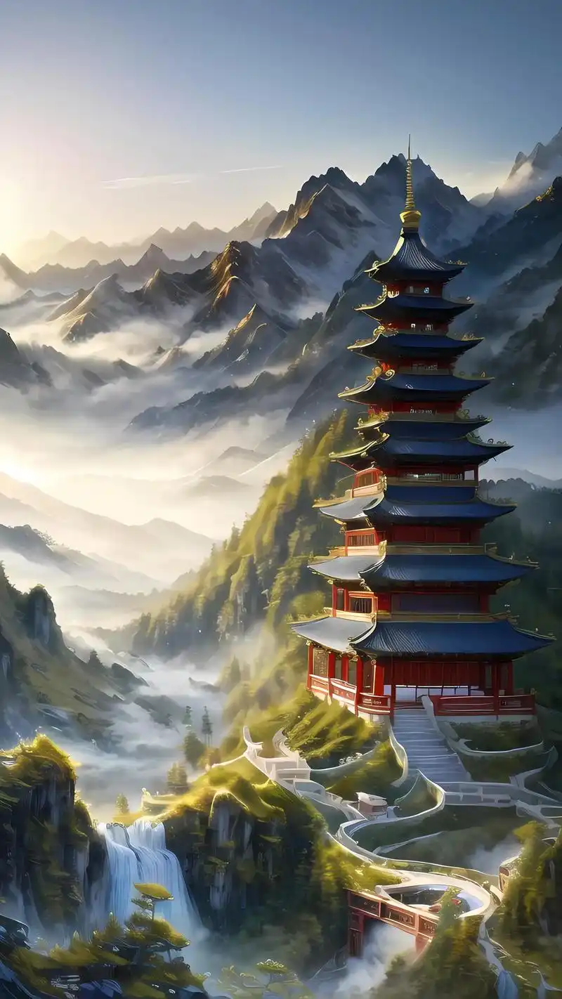 美丽的中国山水画.高山,古建筑,瀑布,日出#治愈系风景 #图 - 抖音
