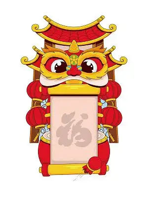 彩色手绘卡通新年春节装饰舞狮新年卷轴元素png素材