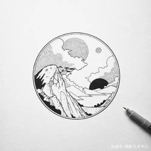 黑白针管笔手绘风景小插画,点线面和黑白灰的运用,简单好上手