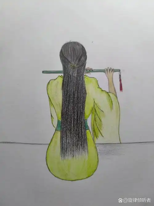 自学彩铅画/12 古风美人背影4   试了一下水溶,失败了,让颜色变得脏兮