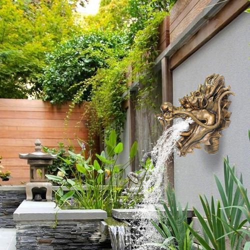 新中式酒店墙饰挂件仿石雕龙头吐水壁挂户外喷水池景观流水装饰