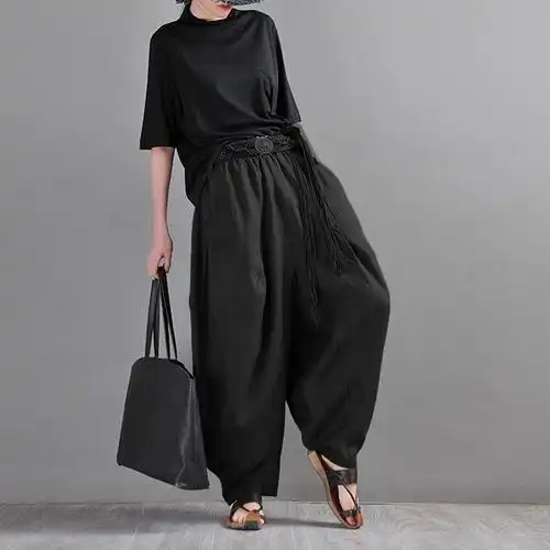 现货2024春夏新款宽松大码吊裆灯笼裤纯色复古亚麻休闲哈伦裤长裤