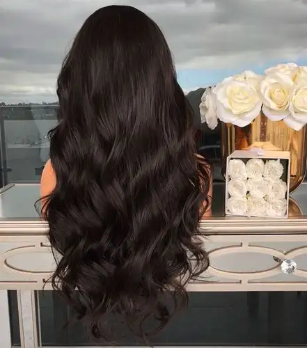 wish欧美女士气质偏分大波浪长卷发蓬松黑色假发前蕾丝化纤发头套