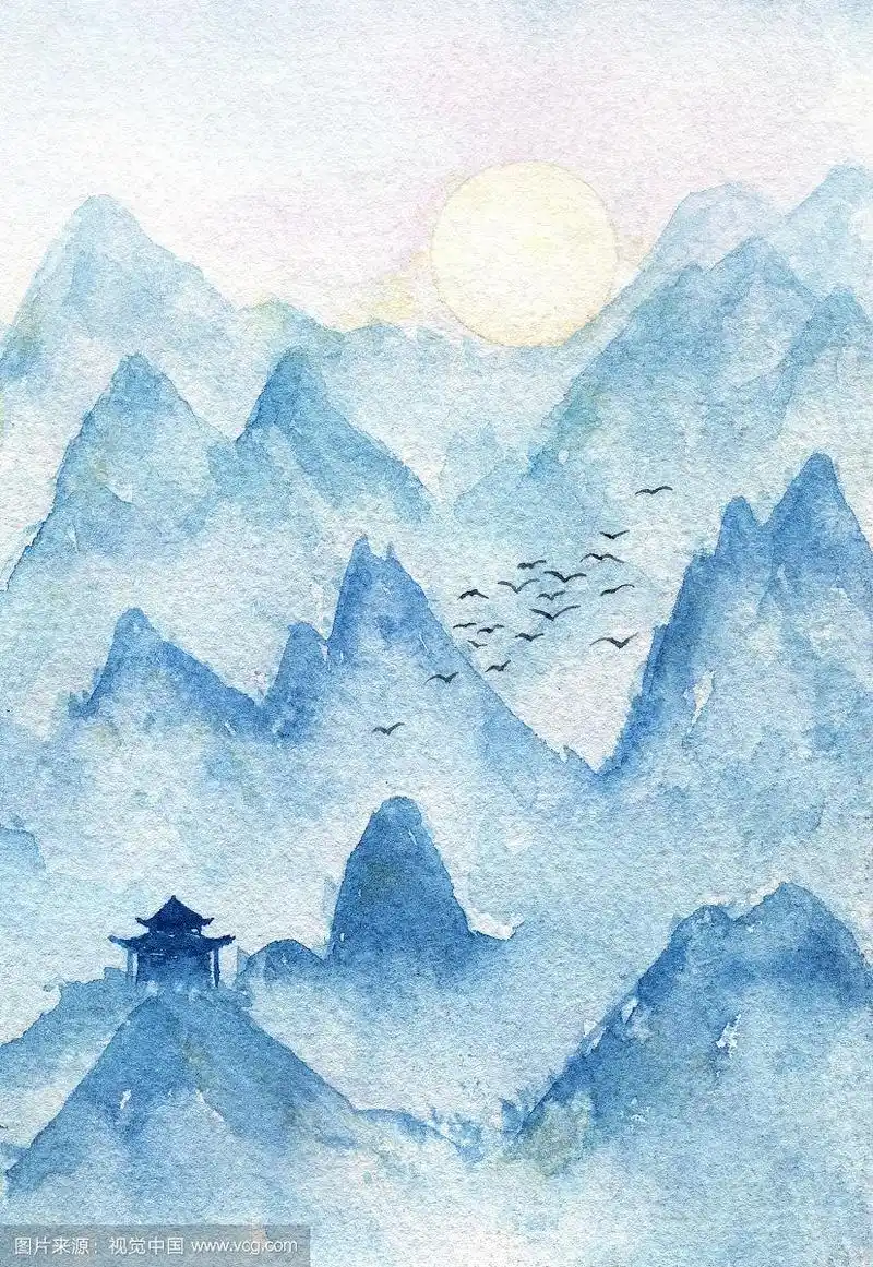水彩风格写意山水画山峦落日凉亭