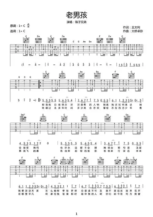 老男孩吉他谱_筷子兄弟_c调超还原版_附演示视频