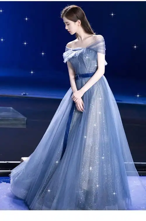 拉夏贝尔 法式蓝色晚礼服新款气质宴会年会派对生日一字肩主持仙女裙