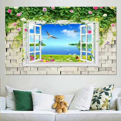 批发自粘壁纸墙画3d立体假窗户壁画贴纸卧室风景装饰画挂画整张墙