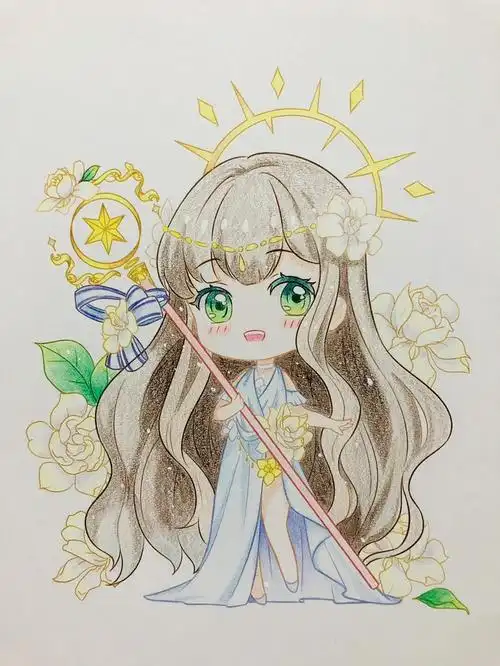 飞乐鸟彩铅填色线稿q萌少女7