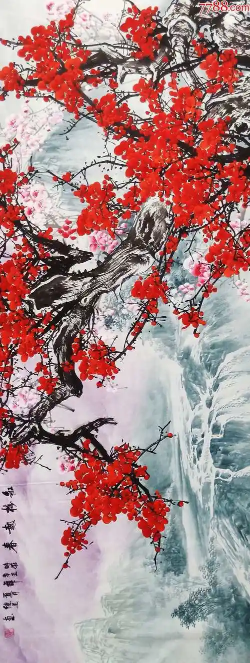 【180×70cm,保真】知名画家张涛山水梅花:红梅报春_价格368元【亦风