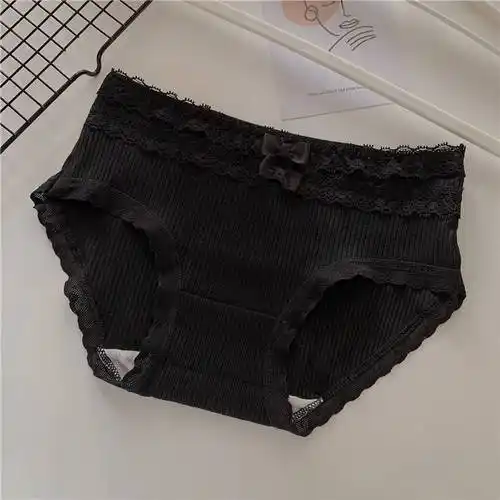 浪莎黑色纯棉内裤女中腰大码包臀花边纯黑全棉裆少三角裤冬季女士舒适