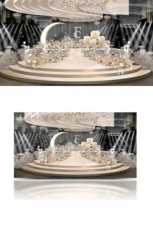白香槟婚礼效果图浪漫大气圆形舞台轻奢