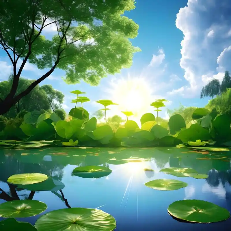 树木翠绿茂盛,蓝天白云与荷花池 树木翠绿茂盛,背景是蓝天白云与荷花