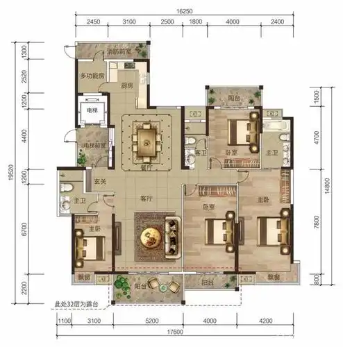 256平四房双入户双主卧设计