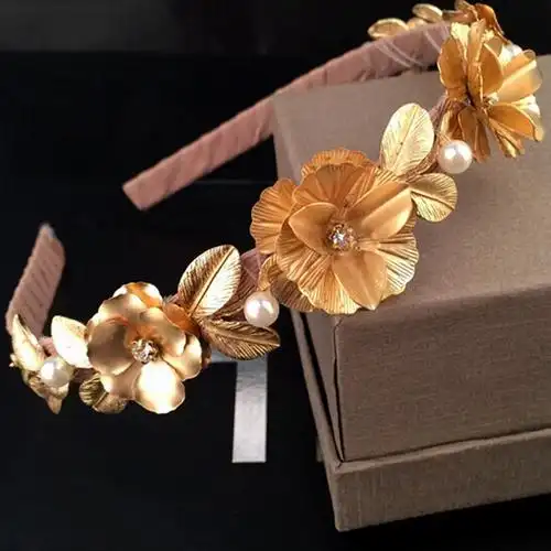 韩版金色复古树叶珍珠花朵水钻发箍头箍巴洛克宫廷风女头饰