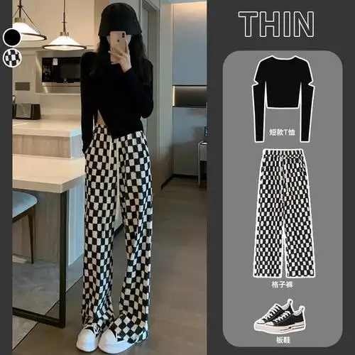 今年流行棋盘格阔腿裤黑白格子直筒裤女高腰垂坠感显瘦休闲长裤子