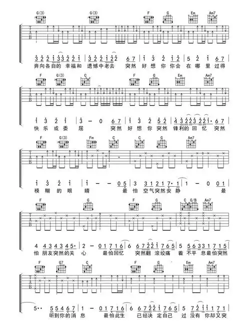 突然好想你吉他谱五月天c调六线谱标准版