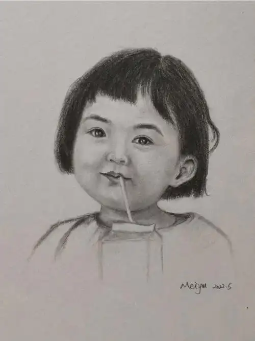 人像素描喝牛奶的小姑娘附步骤图
