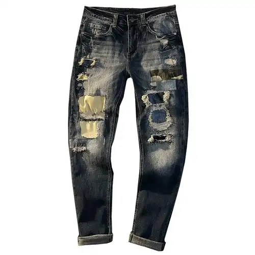 牛仔裤破洞补丁贴布直筒修身男复古潮牌高街陈冠希乞丐潮长裤新款