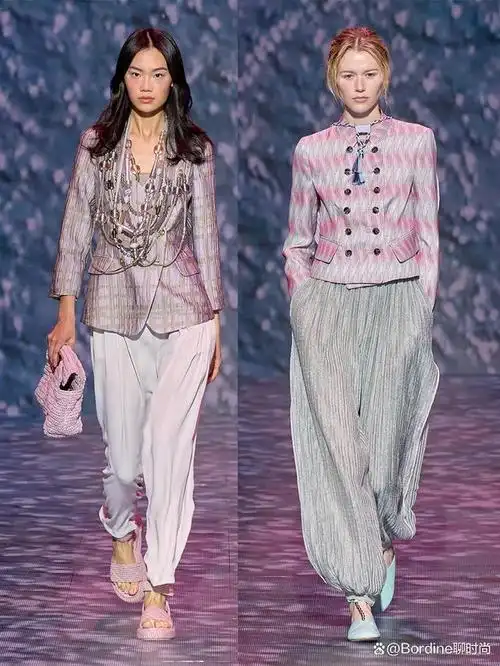 emporio armani 2023春夏系列,紫色,绿色和蓝色等的简约穿搭