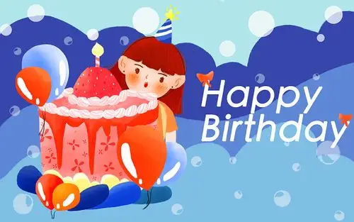 卡通生日女孩蛋糕原创插画海报背景