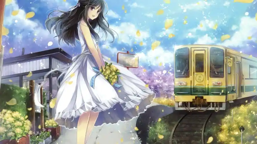 动漫少女唯美列车花壁纸