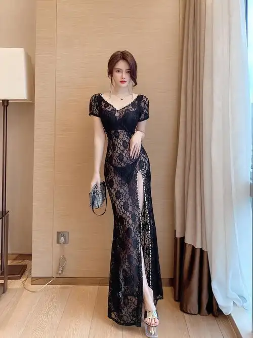 夜总会性感连衣裙女低胸蕾丝透视全透大码长裙夜场ktv工作服秋冬